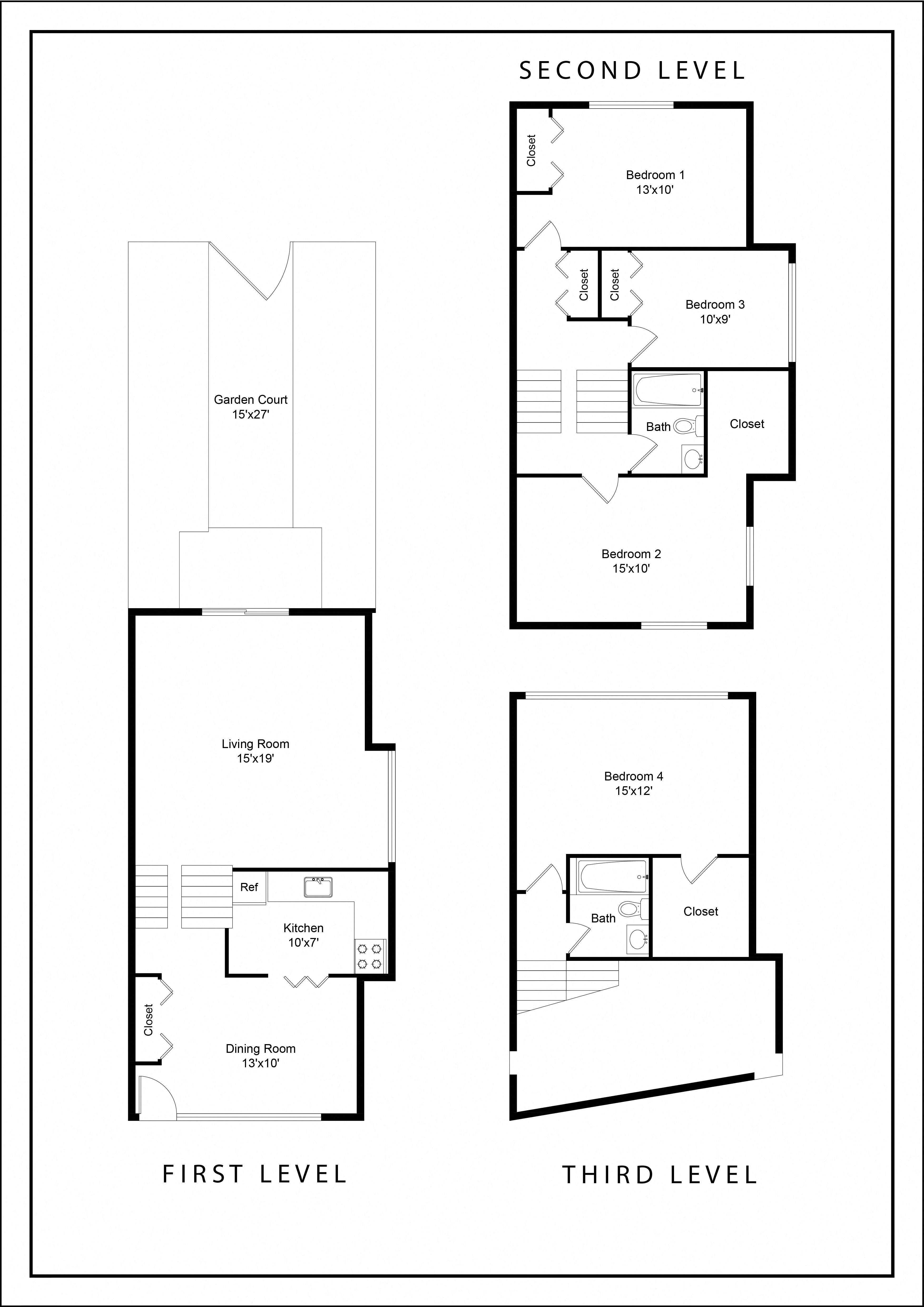 Floor plan for 4 beds, 2 baths, 1677 sqft